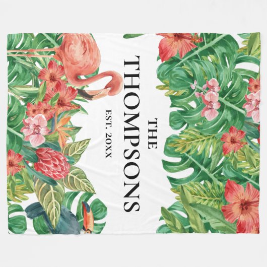 Tropische Vegetation Foliage Pink Flamingo Familie Fleecedecke (Vorderseite (Horizontal))