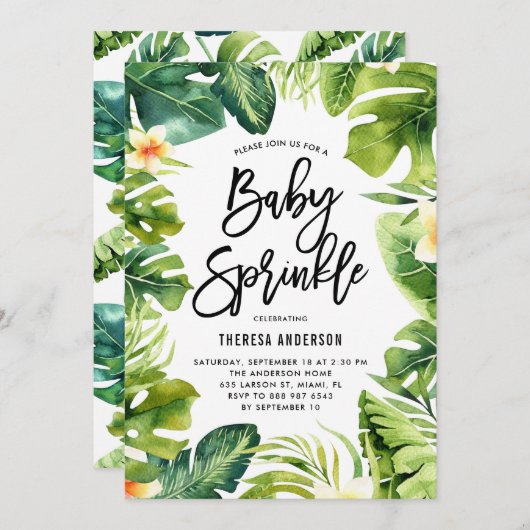 Tropische Vegetation & Plumeria Baby Sprinkle Dusc Einladung (Vorne/Hinten)