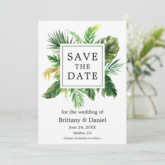 Tropische Vegetation Save the Date Wasserfarbe Kar (Stehend Vorderseite)