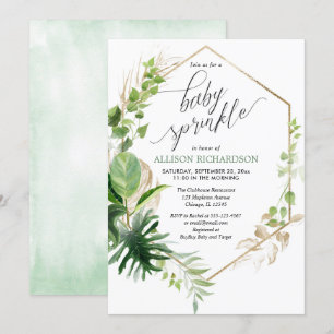 Tropische Vegetation und goldenes, elegantes Babys Einladung
