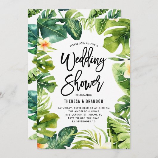 Tropische Vegetation und Polterabend Plumeria Einladung (Vorne/Hinten)