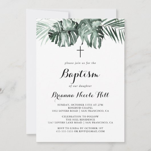 Tropische Vegetation Weiße Blütentaufe Einladung (Vorderseite)