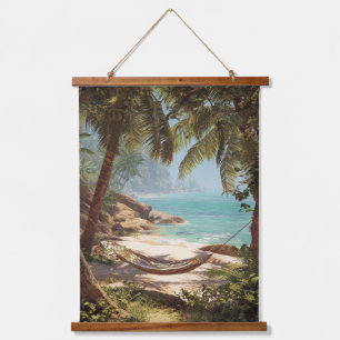 Tropische versteckte Bucht Palmenstrand Kunst Wandteppich Mit Holzrahmen