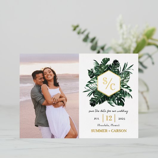 Tropische Vibe FOIL Hochzeit speichern Sie die Dat Folieneinladung (Stehend vorne)