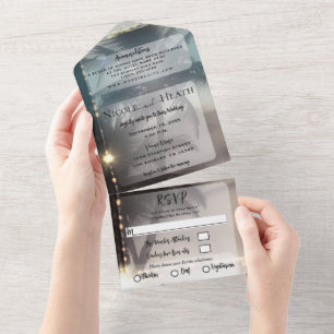 Tropische Vintage-Funkel-Strand-Palmenhochzeit All In One Einladung