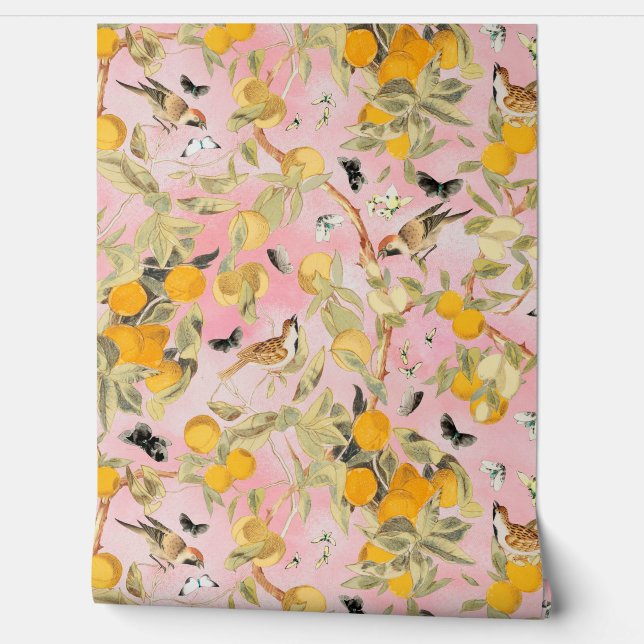 Tropische Vintage Vögel im Obstgarten Chinoiserie Tapete (Abrollen)