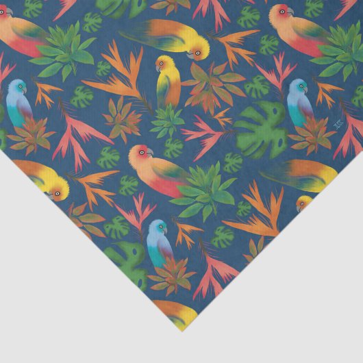 Tropische Vögel Blaues Blumenmuster Seidenpapier (Ausschnitt)
