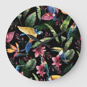 Tropische Vögel, Blume: Aquarellmuster. Große Wanduhr