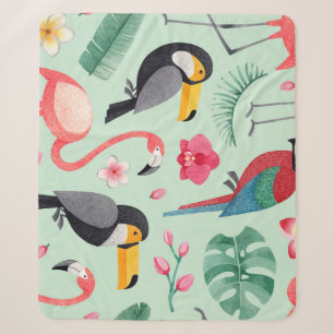 Tropische Vögel, Blume, Aquarellmuster. Sherpadecke