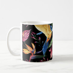 Tropische Vögel, Blumen: Wasserfarbenmuster. Kaffeetasse