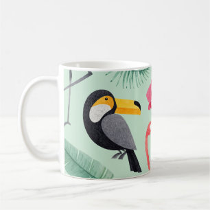 Tropische Vögel, Blumen, Wasserfarbenmuster. Kaffeetasse
