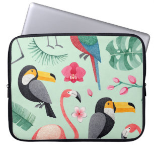 Tropische Vögel, Blumen, Wasserfarbenmuster. Laptopschutzhülle
