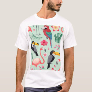 Tropische Vögel, Blumen, Wasserfarbenmuster. T-Shirt