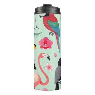 Tropische Vögel, Blumen, Wasserfarbenmuster. Thermosbecher