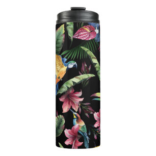 Tropische Vögel, Blumen: Wasserfarbenmuster. Thermosbecher