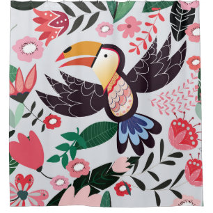 Tropische Vögel, Blumenmuster. Duschvorhang