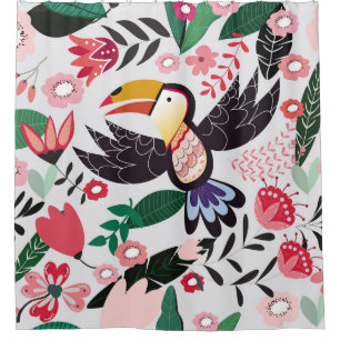 Tropische Vögel, Blumenmuster. Duschvorhang