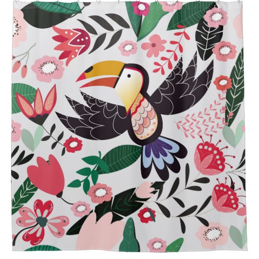Tropische Vögel, Blumenmuster. Duschvorhang (Vorderseite)