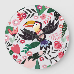 Tropische Vögel, Blumenmuster. Große Wanduhr