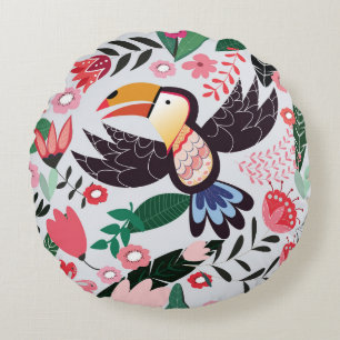 Tropische Vögel, Blumenmuster. Rundes Kissen