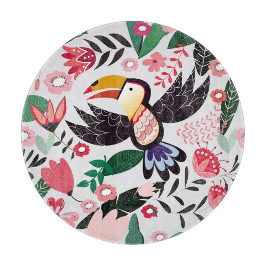 Tropische Vögel, Blumenmuster. Schneidebrett (Vorderseite)