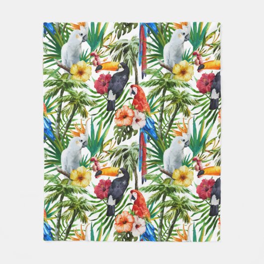 Tropische Vögel des Aquarells und Laubmuster Fleecedecke (Vorderseite)