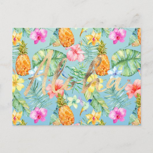 Tropische Vögel Floral Gold Aloha Postkarte (Vorderseite)