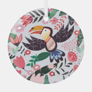 Tropische Vögel, florales Gekritzel-Muster. Ornament Aus Glas