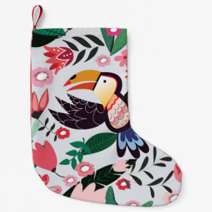 Tropische Vögel, florales Muster mit Gekritzel. Kleiner Weihnachtsstrumpf