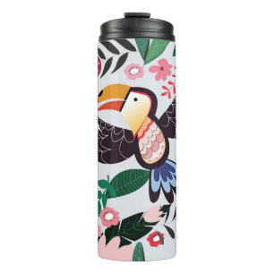 Tropische Vögel, florales Muster mit Gekritzel. Thermosbecher