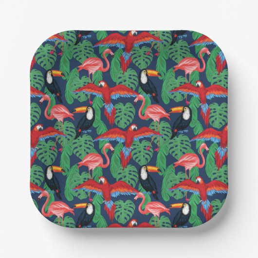 Tropische Vögel in hellen Farben Pappteller (Vorderseite)