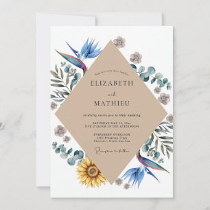 Tropische Vogel-Sonnenblumen-Eukalyptus-Hochzeit Einladung