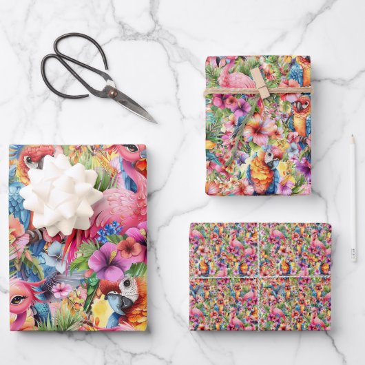 Tropische Vögel und Blume Geschenkpapier Set (Vorderseite)