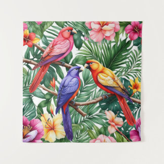 Tropische Vögel und lebendige Blume Wandteppich