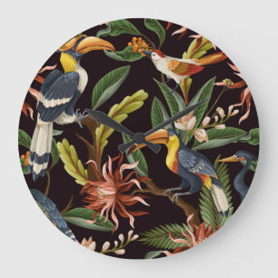 Tropische Vögel: Vintage Blätter & Blumen Große Wanduhr