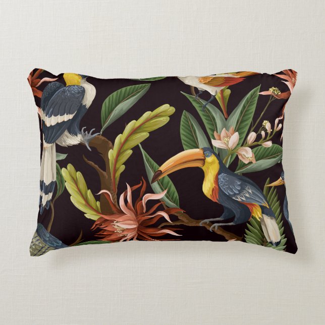 Tropische Vögel: Vintage Blätter und Blume Dekokissen (Vorderseite)