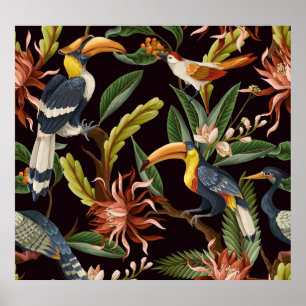 Tropische Vögel: Vintage Blätter und Blume Poster