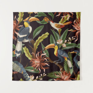 Tropische Vögel: Vintage Blätter und Blume Wandteppich
