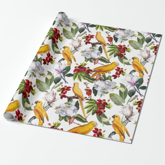 Tropische Vogelparrots Jungle Pattern - weiß Geschenkpapier (Ungerollt)