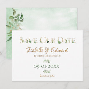 Tropische Wasserfarbe Grün & Gold Monstera Blätter Save The Date