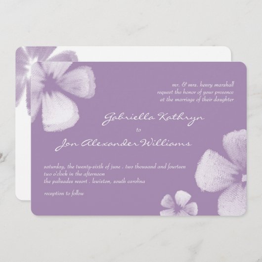 Tropische Wasserfarben-Blume mit Violett Hochzeits Einladung (Vorne/Hinten)