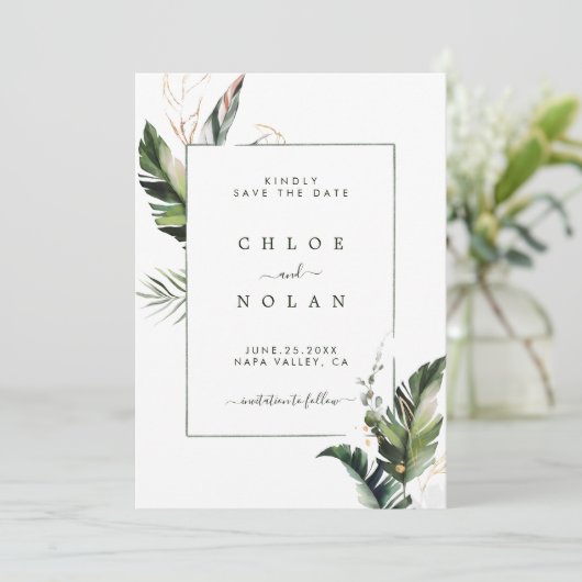 Tropische Wasserfarbenfolie Grüne Hochzeit Save The Date (Stehend Vorderseite)