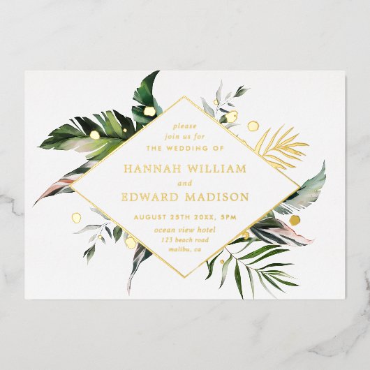 Tropische Wasserfarbenfolien-Hochzeit Gold Folieneinladung (Vorderseite)