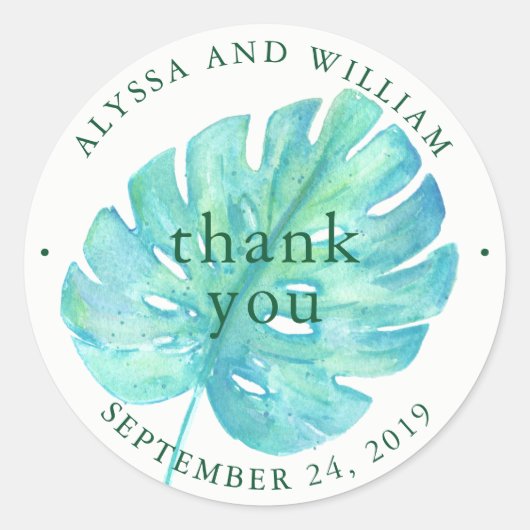 Tropische Wasserfarbenhochzeit | Blaues Leaf Runder Aufkleber (Vorderseite)