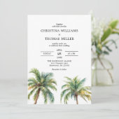 Tropische Wasserfarbenpalmen Hochzeitsfeiern Einladung (Stehend Vorderseite)