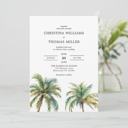 Tropische Wasserfarbenpalmen Hochzeitsfeiern Einladung (Stehend Vorderseite)
