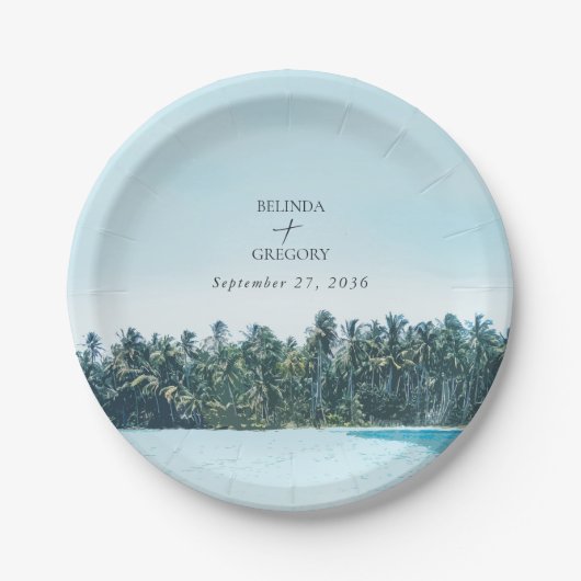Tropische Wasserfarbenpalmen und Hochzeiten am Str Pappteller (Vorderseite)