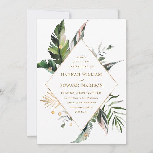 Tropische Watercolor Foliage Gold Frame Wedding Einladung (Vorderseite)