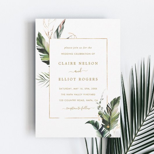 Tropische Watercolor Foliage Gold Frame Wedding Einladung