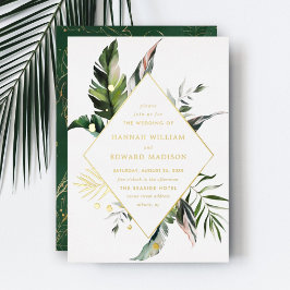 Tropische Watercolor Foliage Gold Frame Wedding Folieneinladung